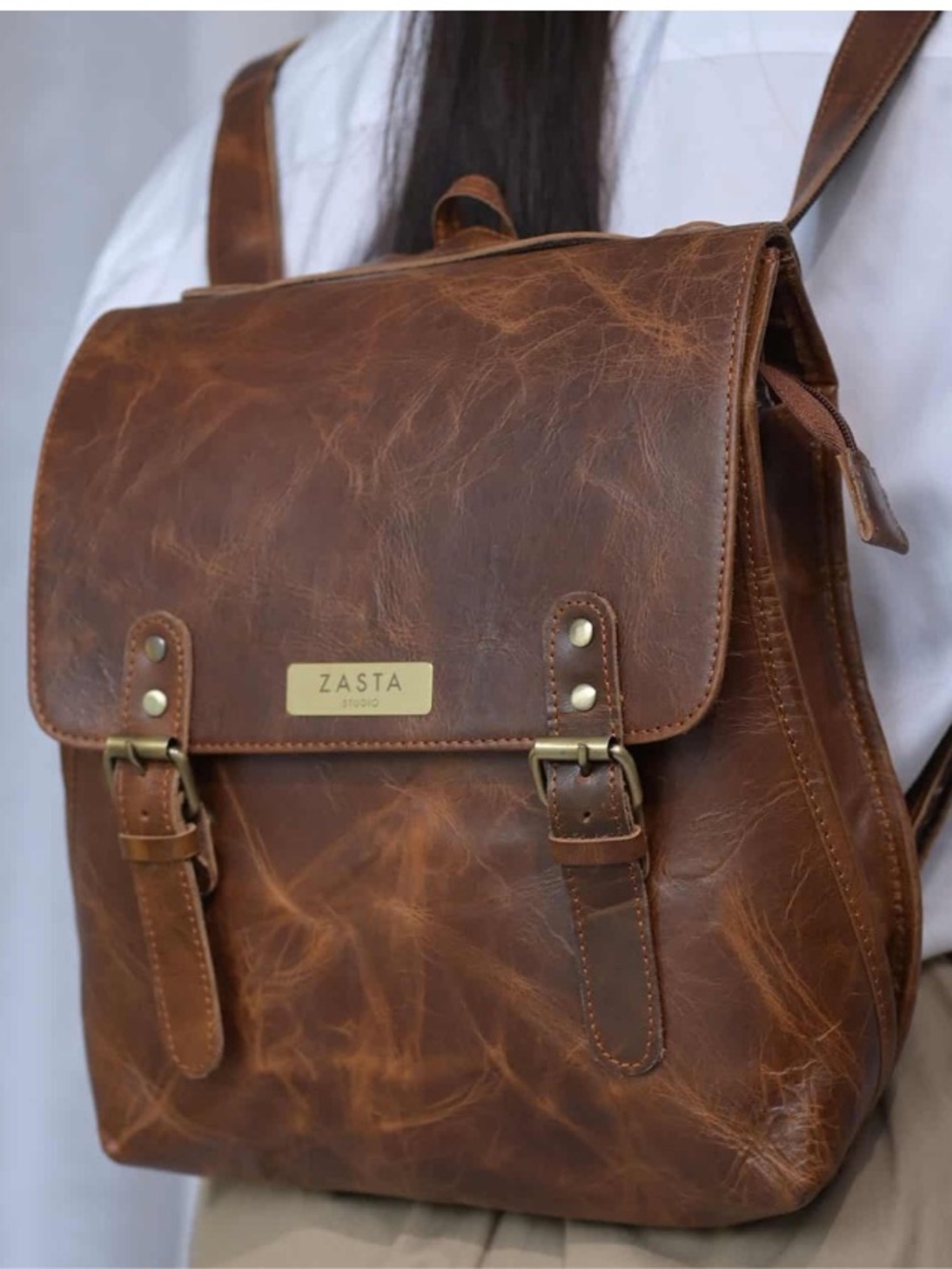 Vintage Style Brown Genuine Leather Backpack Distressed Rucksack Flap Unisex